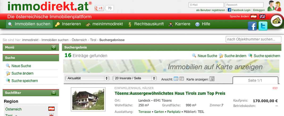 Screenshot von immodirekt.at mit einer Verkaufsanzeige für ein Haus in Tösens